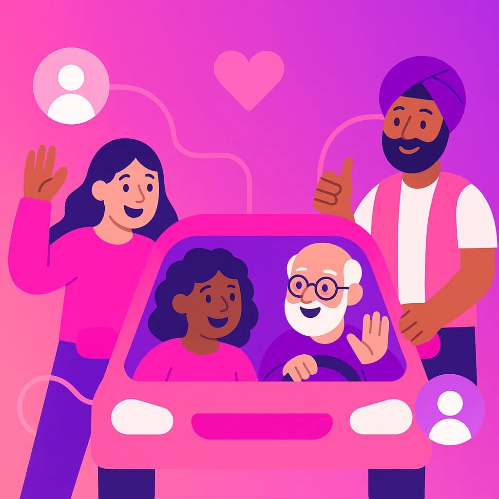 Playful Lyft illustration showing a diverse, connected community