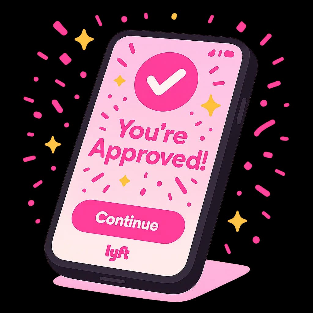 Pink Lyft-themed smartphone UI showing an approval message