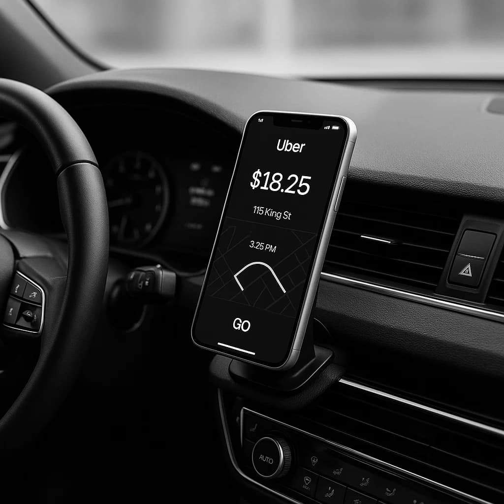 Car dashboard with smartphone running the Uber driver app