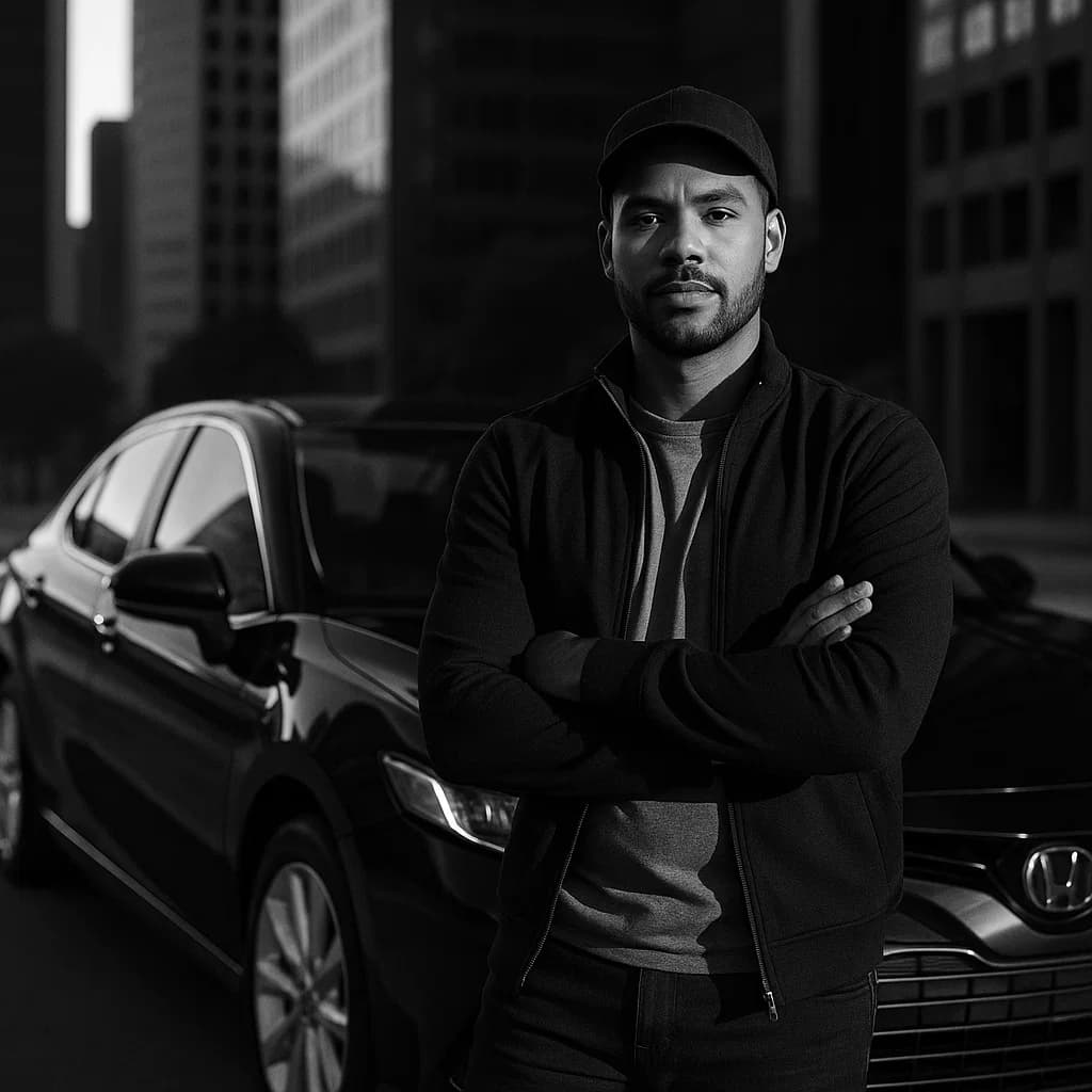 Professional Uber driver standing next to a premium sedan